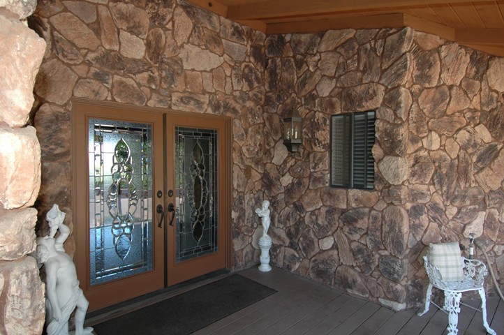 Casually Ellegant Stone and Leaded Glass Entry